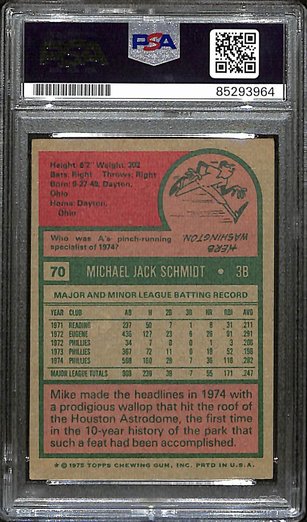 1975 Topps Mike Schmidt Phillies #70 Card Signed PSA/DNA GEM MINT 10 187944