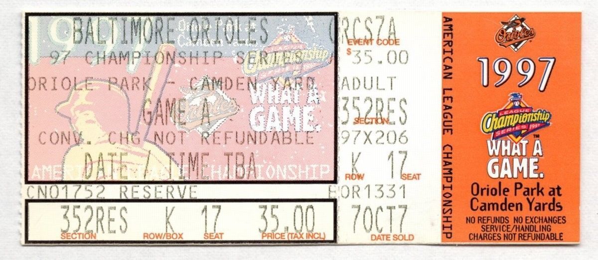 1997 Orioles Indians ALCS Game 1 Ticket Stub Brady Anderson Home Run 129024