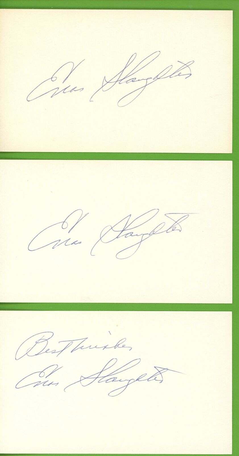 Lot of 3 HOF Enos Slaughter St. Louis Cardinals Signed 3x5 Index Cards 153739