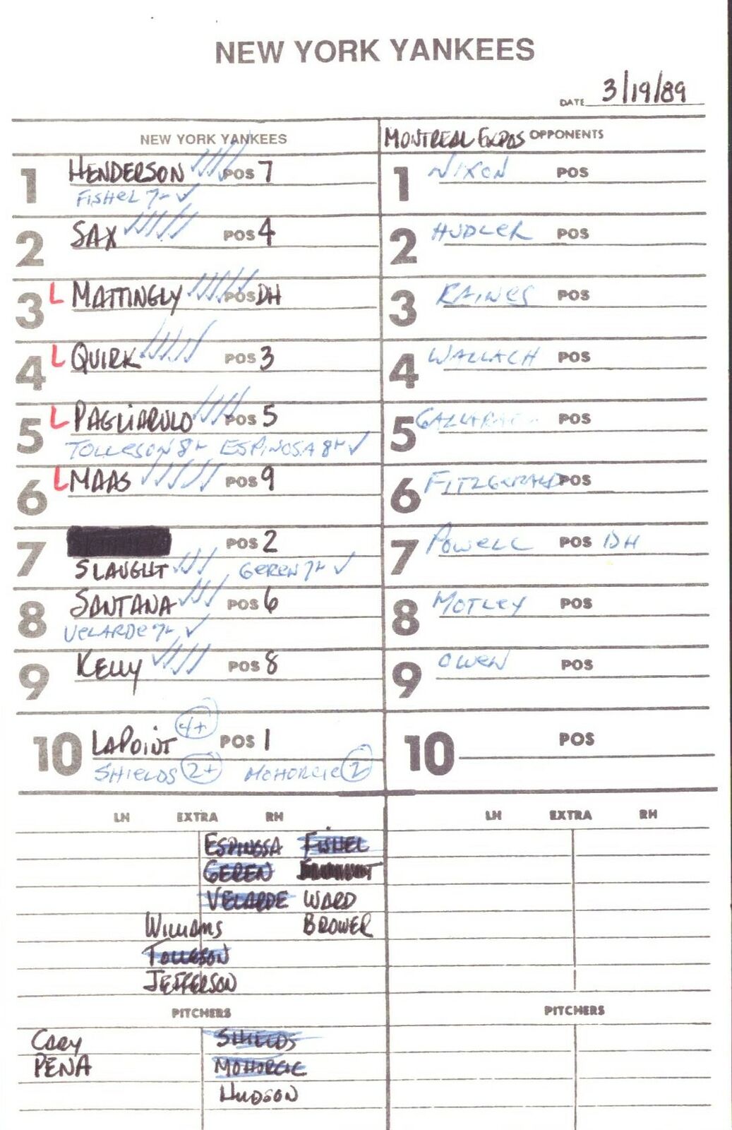 1989 New York Yankees Spring Training 5.5x8.5 Lineup Card vs. Expos 151531