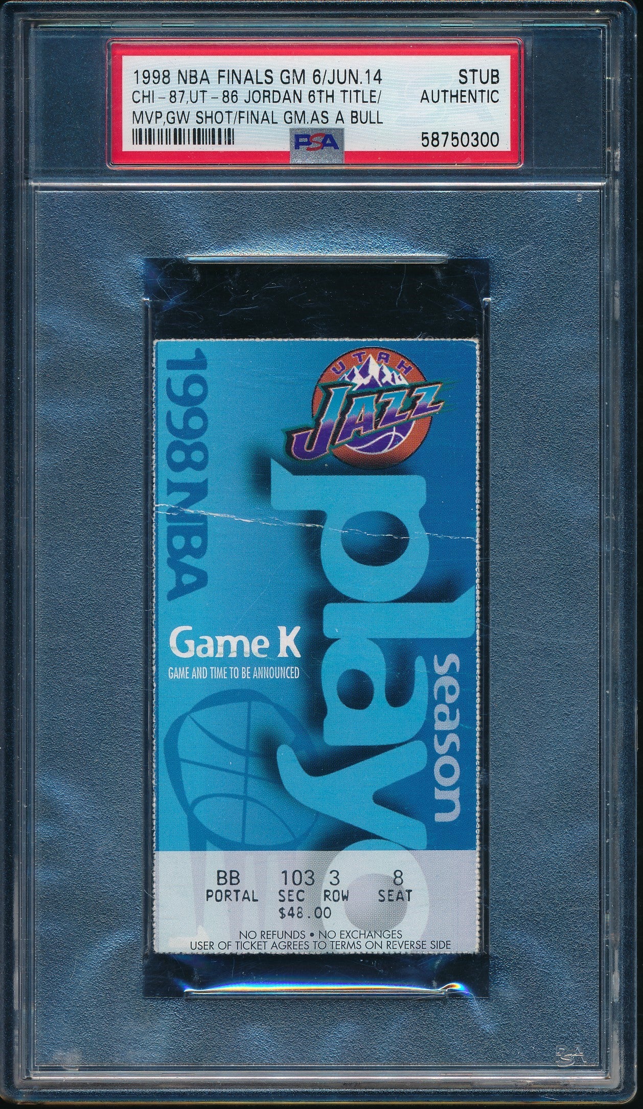 1998 NBA FINALS Game 6 Last Shot Clincher Michael Jordan Ticket PSA/DNA 190286