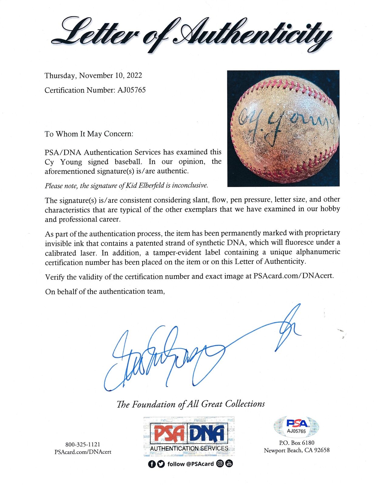 Cy Young HOF Autographed Baseball Cleveland PSA/DNA 175315