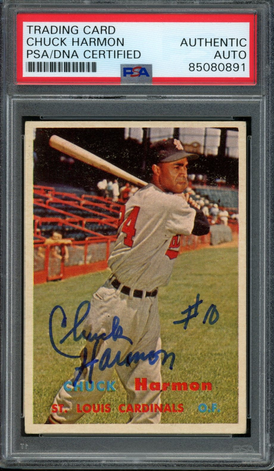 1957 TOPPS Chuck Harmon #299 Auth Card Signed Cardinals PSA/DNA 184134