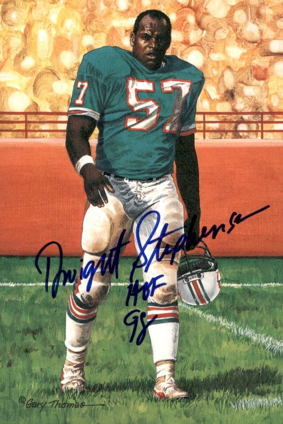 Dwight Stephenson HOF Autographed/Inscr Goal Line Art GLAC Postcard Dolphins JSA