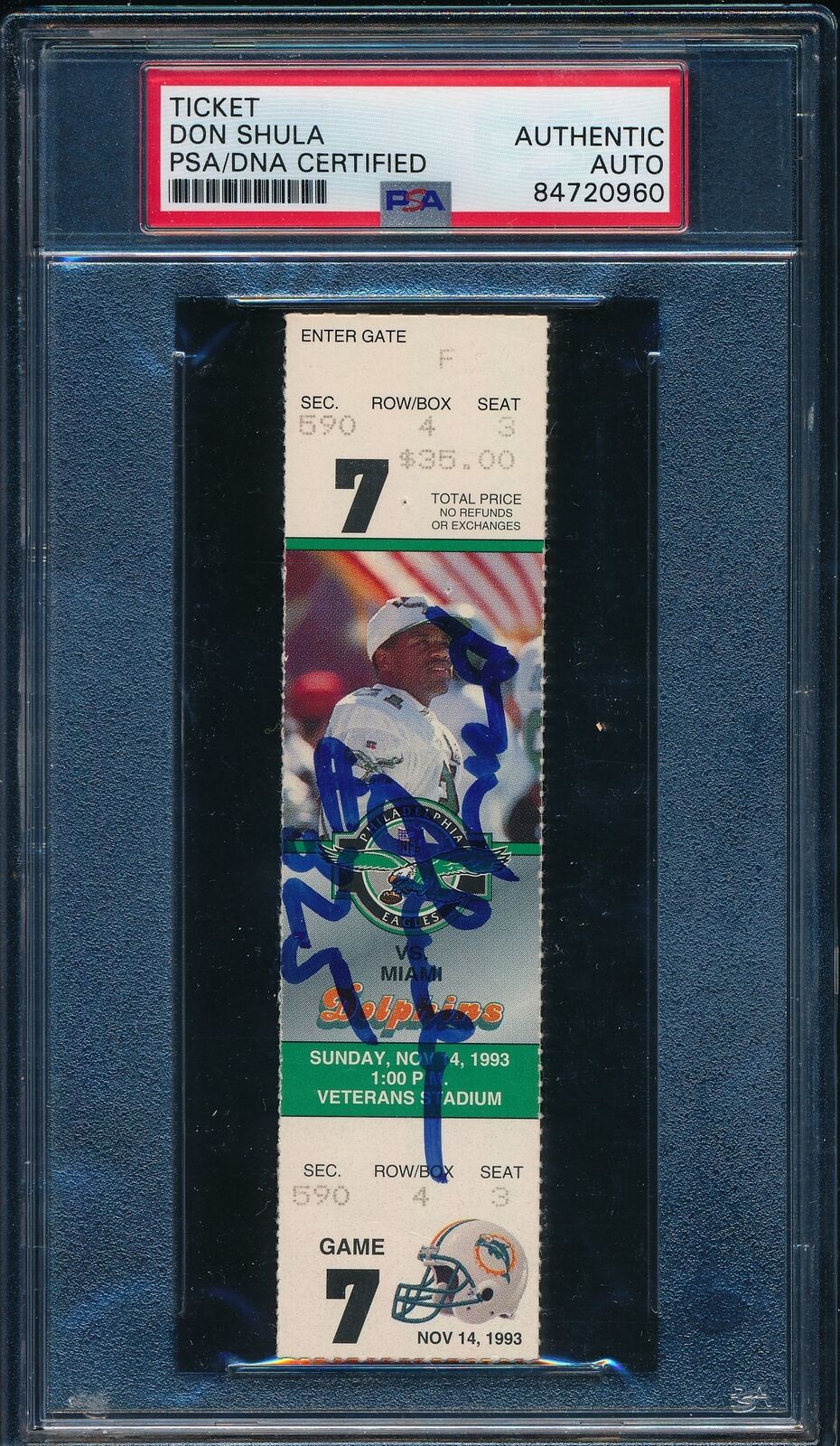 Don Shula Signed NFL Wins Record #325 11/4/1993 Full Ticket Dolphins PSA 176119