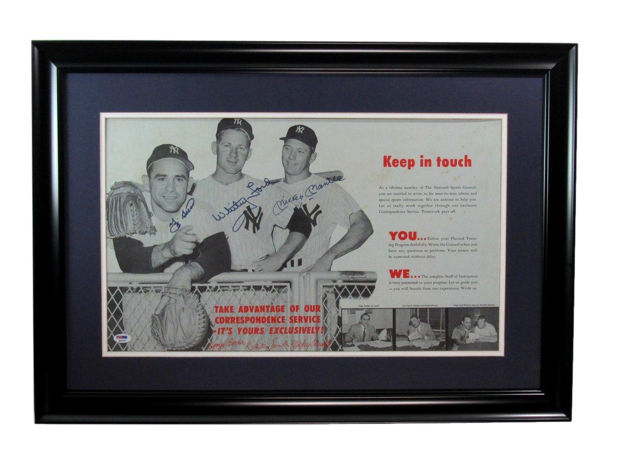 Mickey Mantle/Whitey Ford/Yogi Berra Signed Advertisement Framed PSA 193276