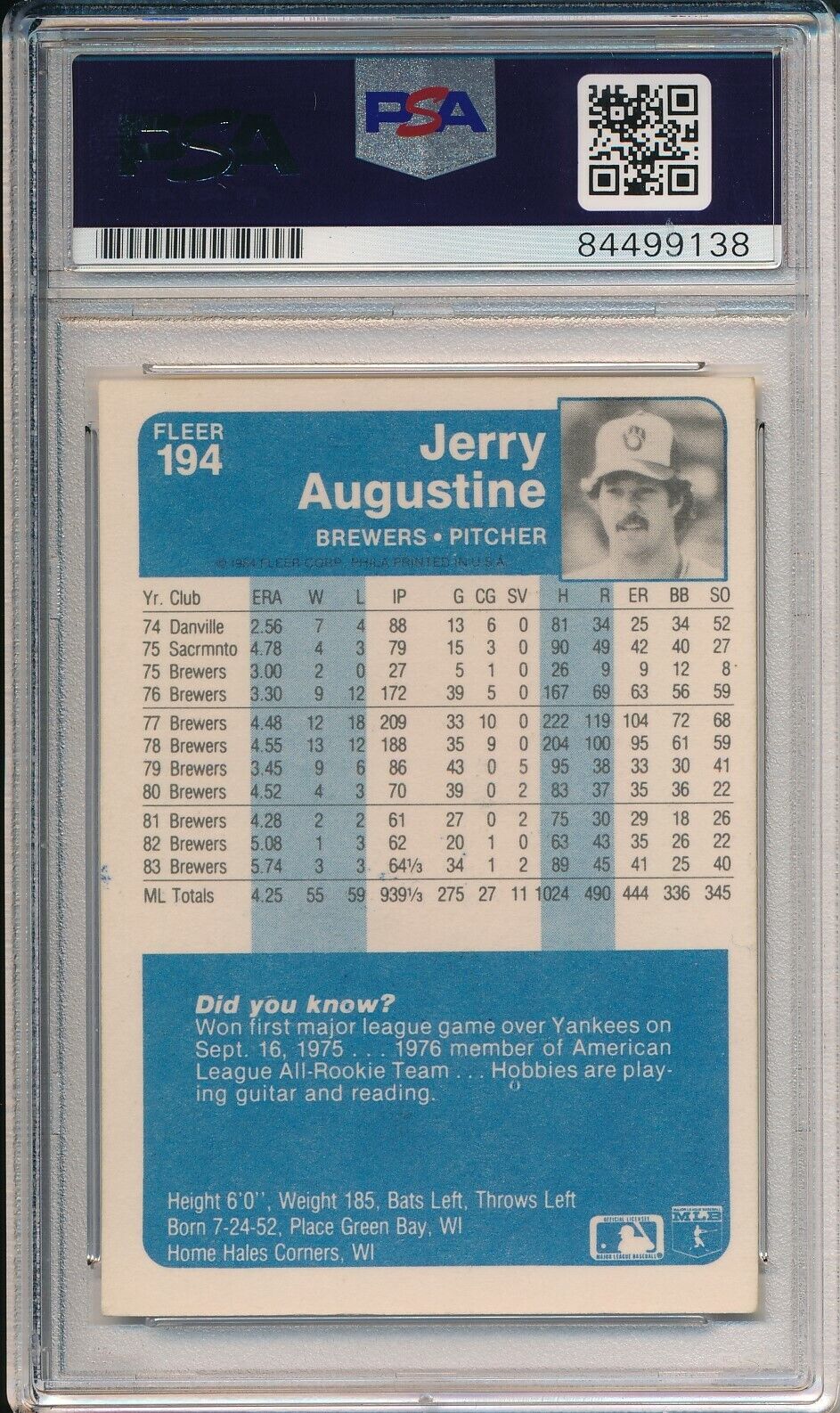 Jerry Augustine Milwaukee Brewers Signed 1984 FLeer Card #194 PSA/DNA 165990