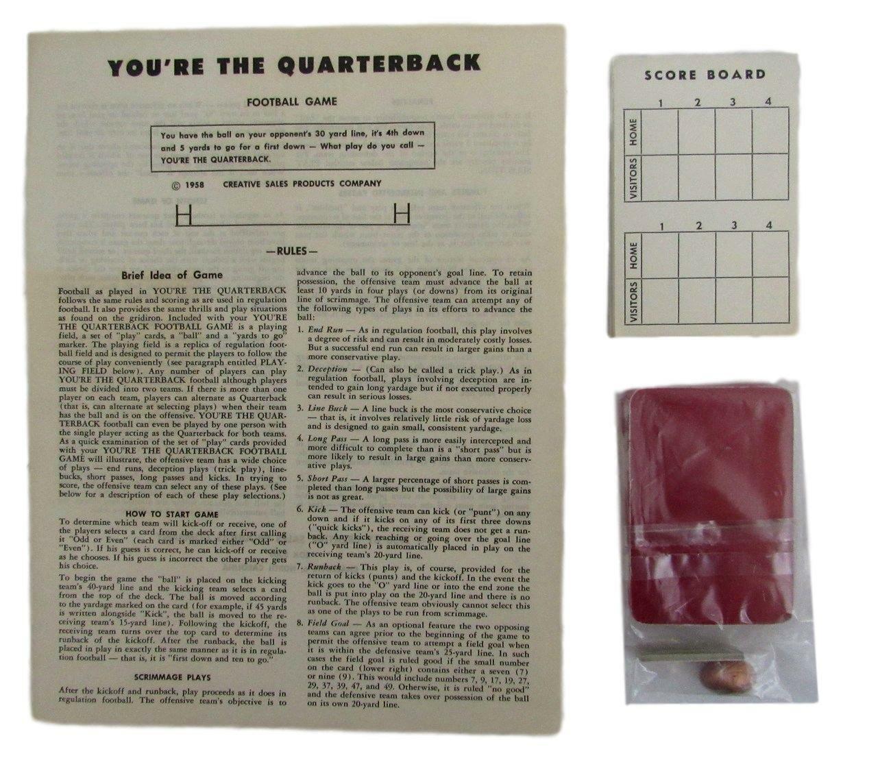 "You're the Quarterback" Football Board Game 1958 - Creative Sales  Mint 149770