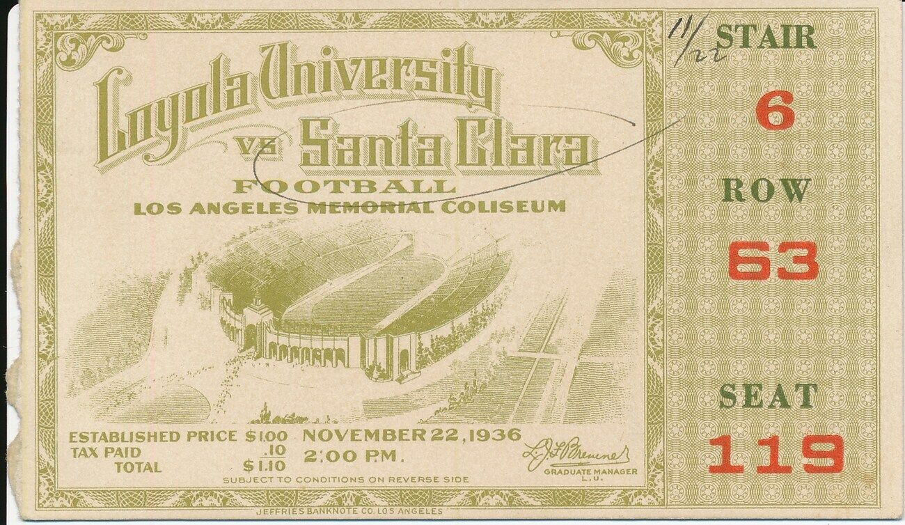 1936 Loyola University vs. Santa Clara Football Game Ticket Stub 148475