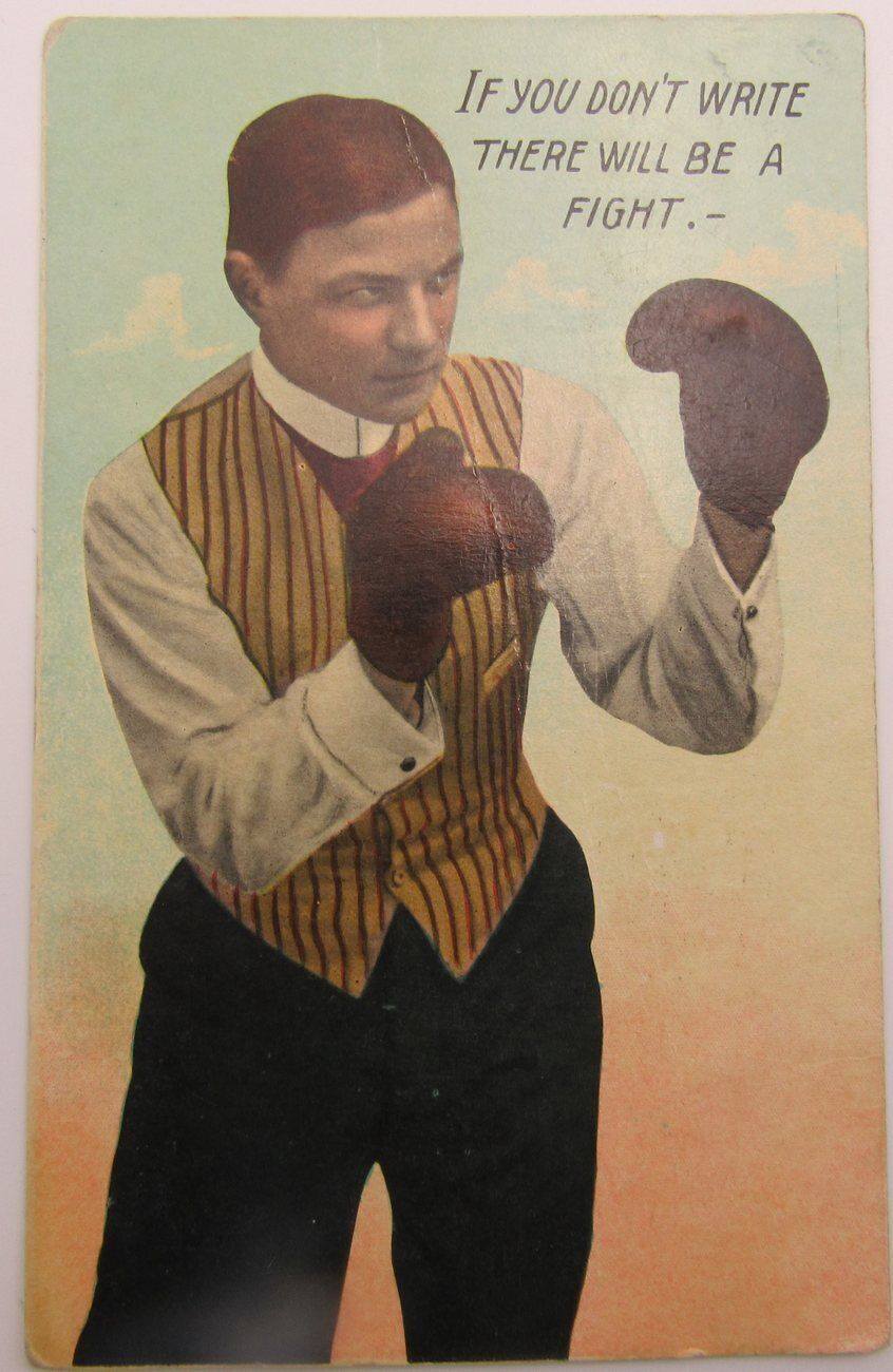 Vintage 1910's Boxing Postcard "If you don’t write there will be a fight."