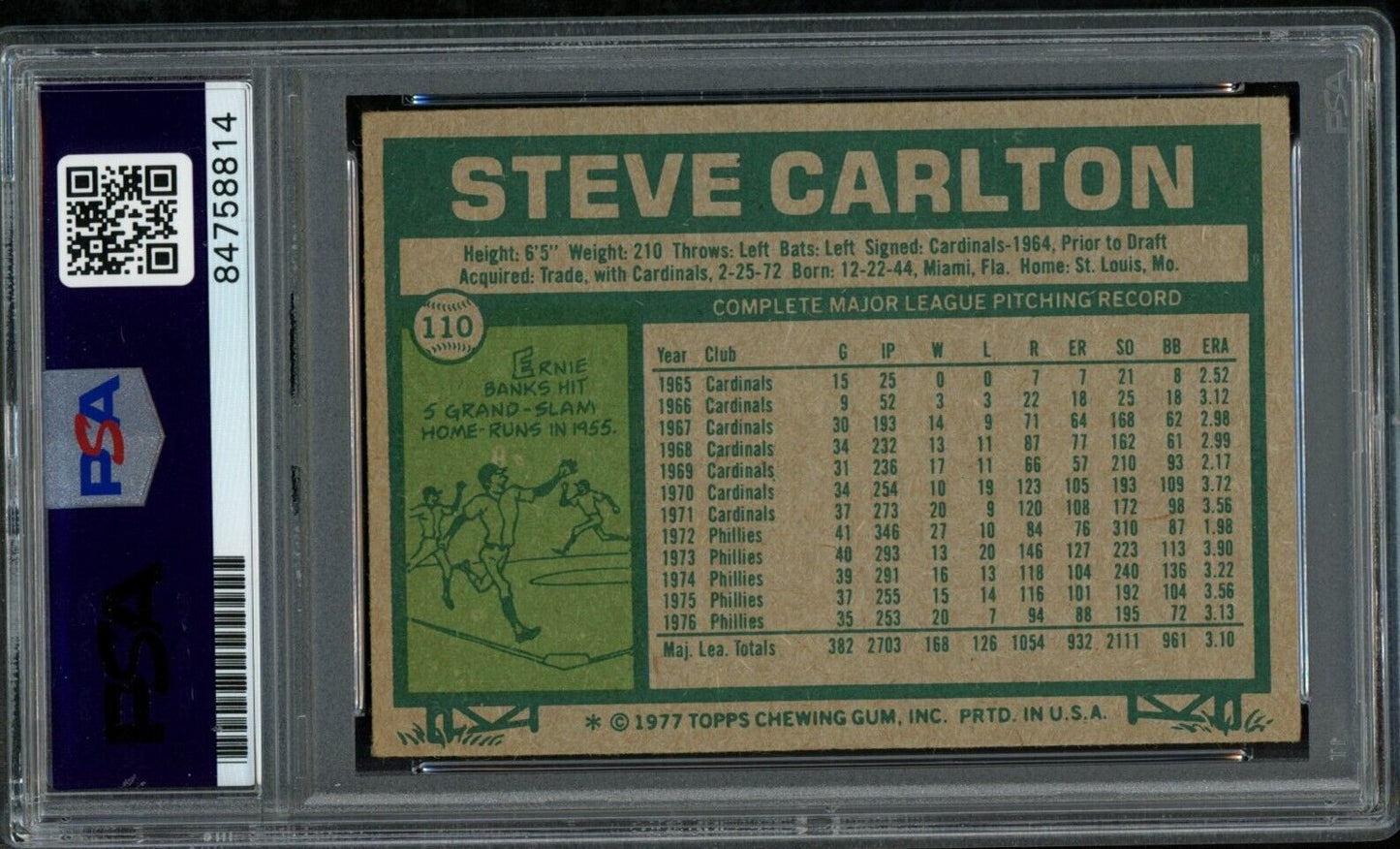 1977 TOPPS Steve Carlton HOF #110 Authentic Card Signed Phillies PSA/DNA