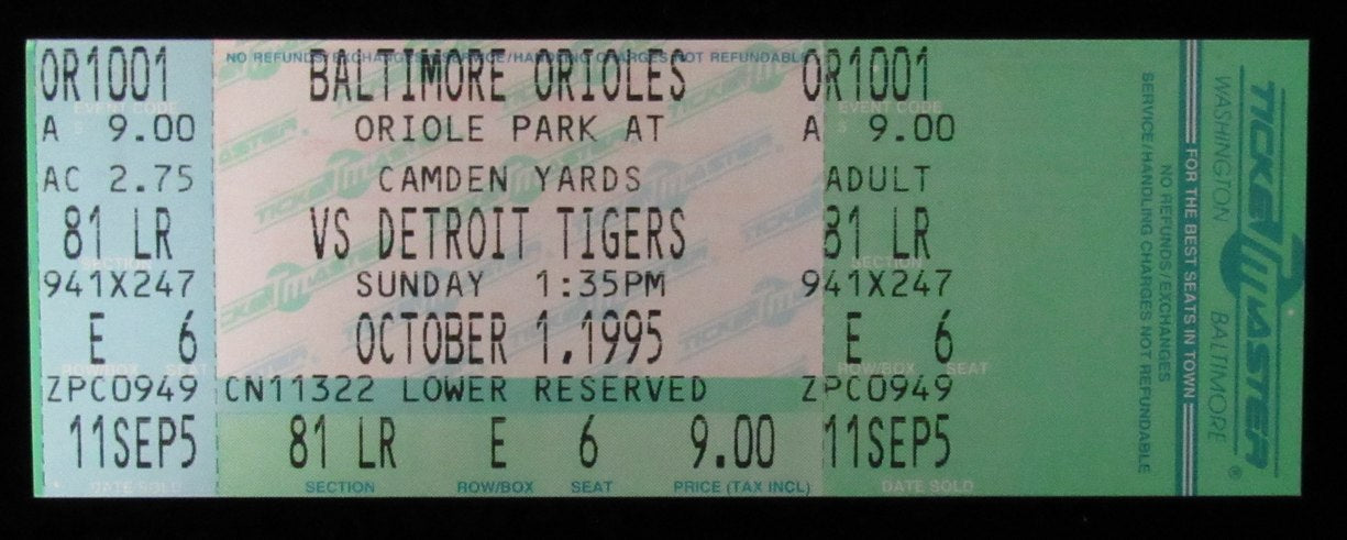 Oct. 1, 1995 Full Ticket Tigers vs. Orioles Anderson/Whitaker Final Game 184920