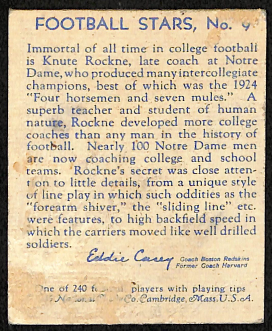 1935 National Chicle Football Knute Rochne Notre Dame #9  192140