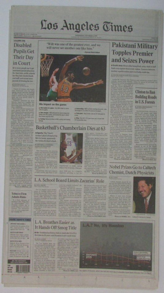 Wilt Chamberlain Lakers/76ers Dies 1999 Los Angles Times Newspaper 147886