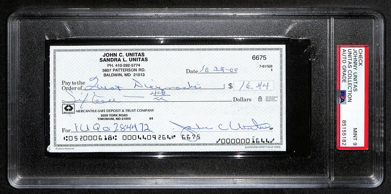 Johnny Unitas Signed 10/24/00 Check PSA/DNA MINT 9 188659