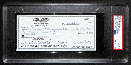 Johnny Unitas Signed 10/24/00 Check PSA/DNA MINT 9 188659