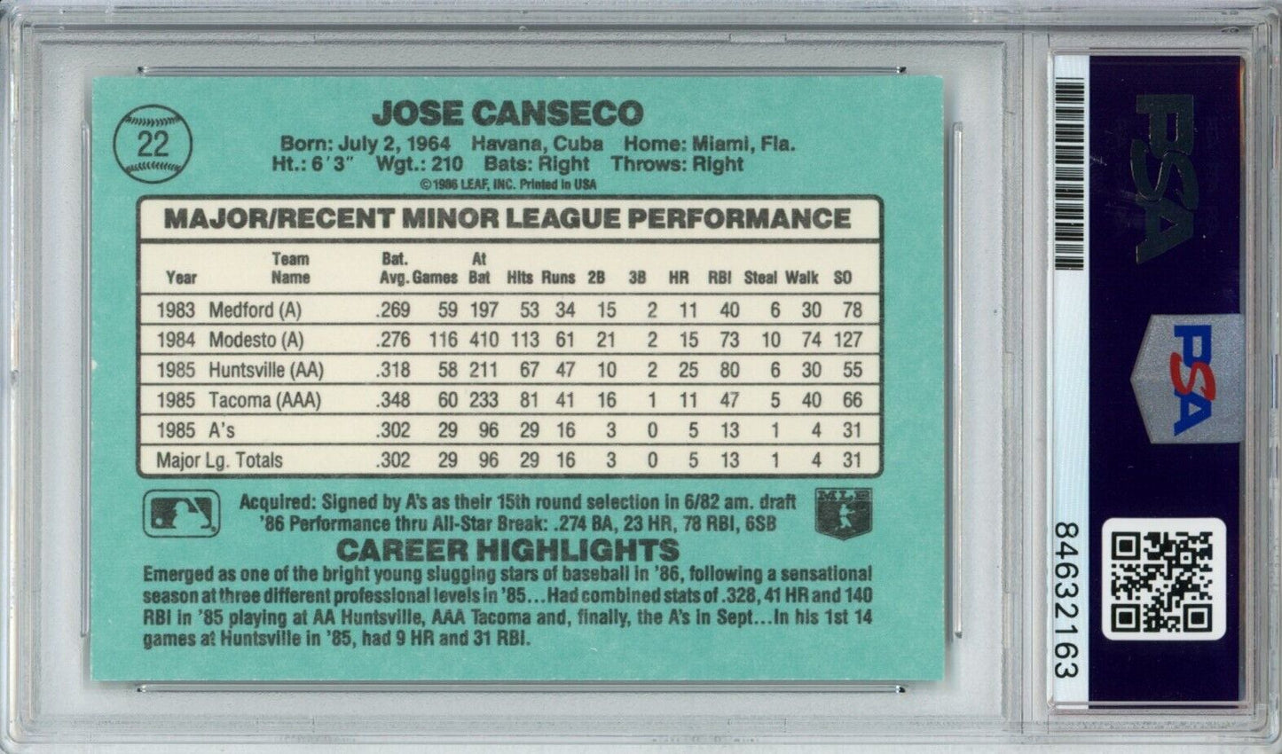 1986 Donruss The Rookies #22 Jose Canseco Oakland A's PSA/DNA