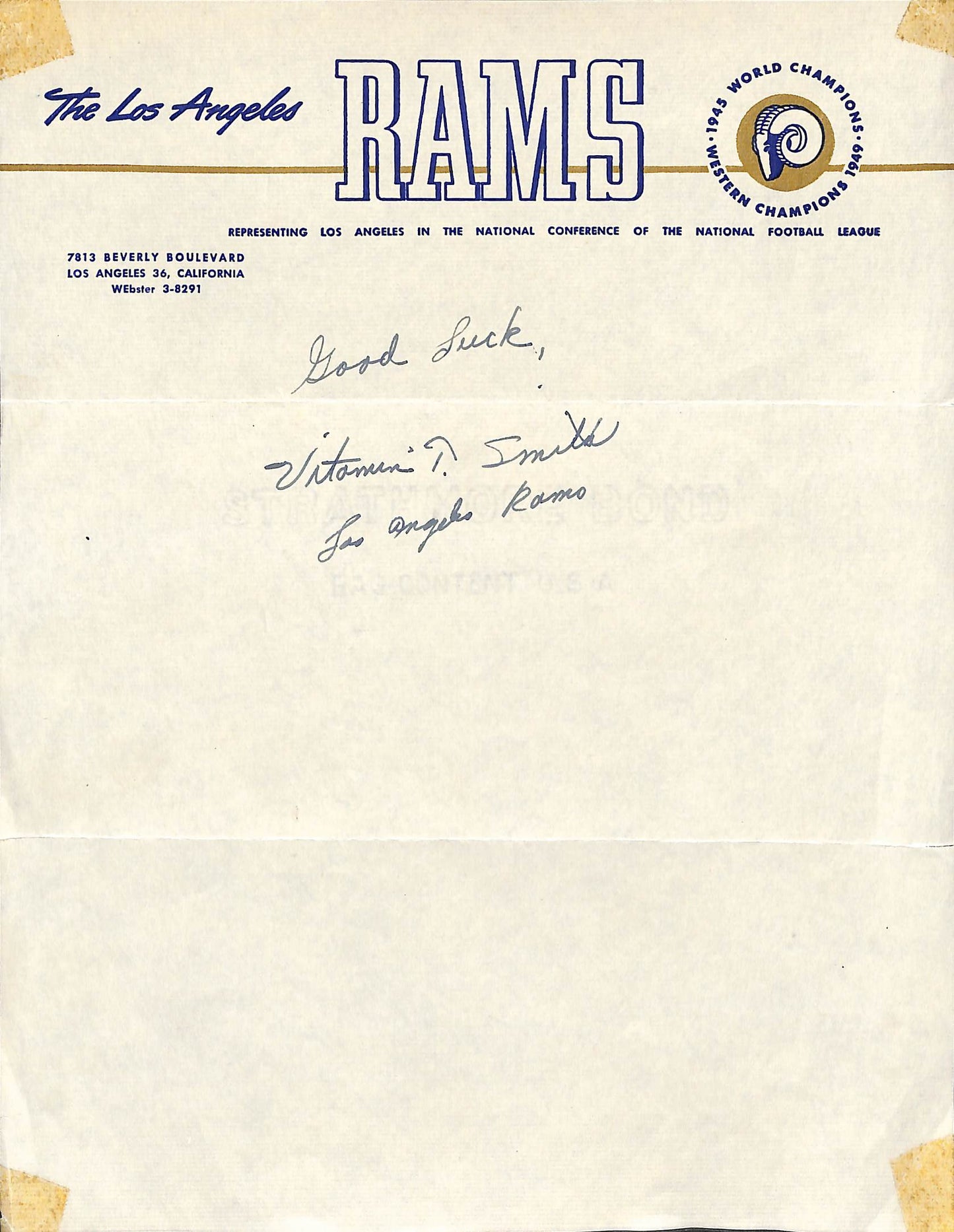 Vitamin T. Smith Autographed Los Angeles Rams Letterhead Stationery 180790