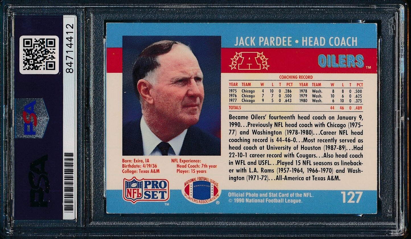 1990 Pro Set Jack Pardee #127 Card Signed Houston Oilers PSA/DNA 176358