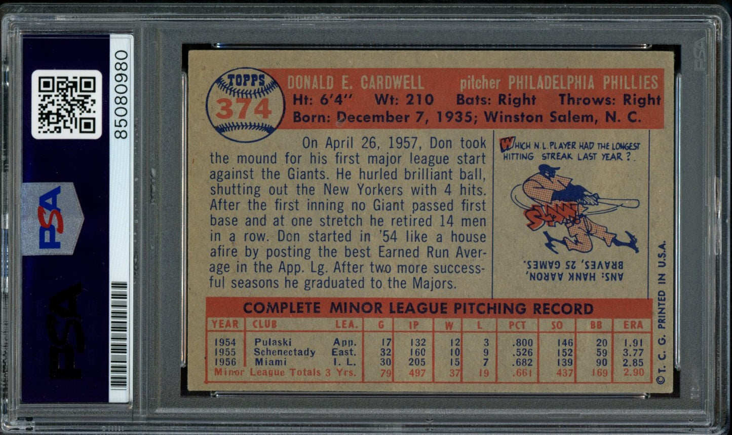 1957 TOPPS Don Cardwell #374 Auth Card Signed Phillies PSA/DNA 184087