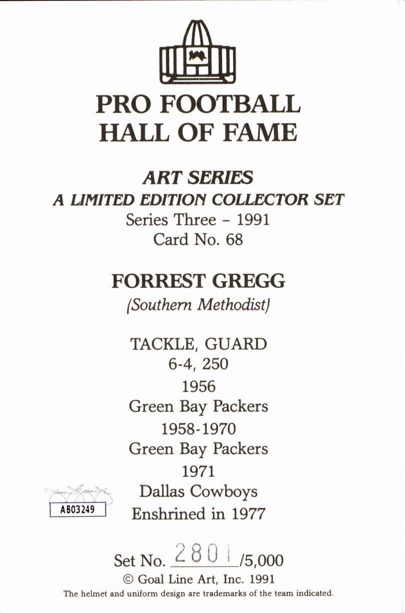 Forrest Gregg HOF Packers Signed/Inscr Goal Line Art GLAC Postcard JSA 167137