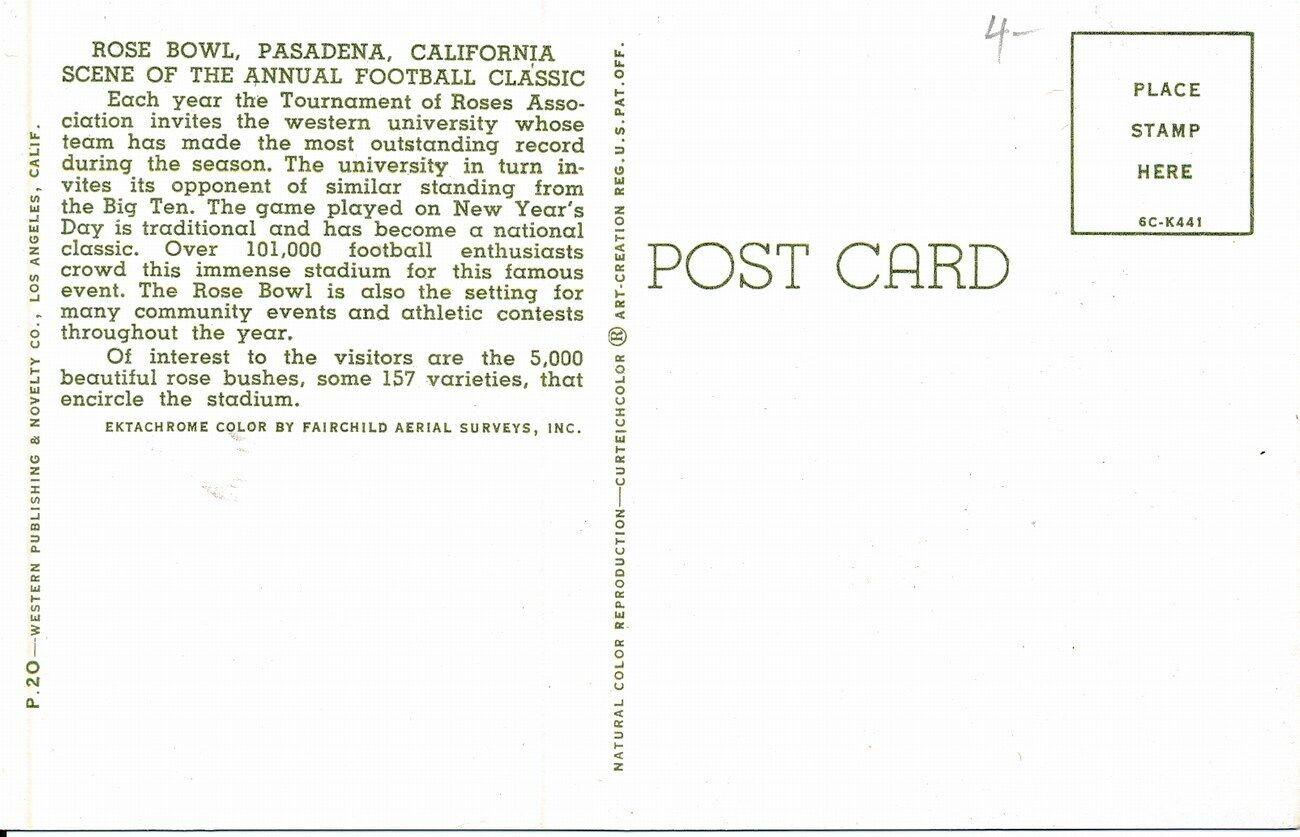 Vintage Football Themed Post Card of Rose Bowl, Pasedena, California 149129