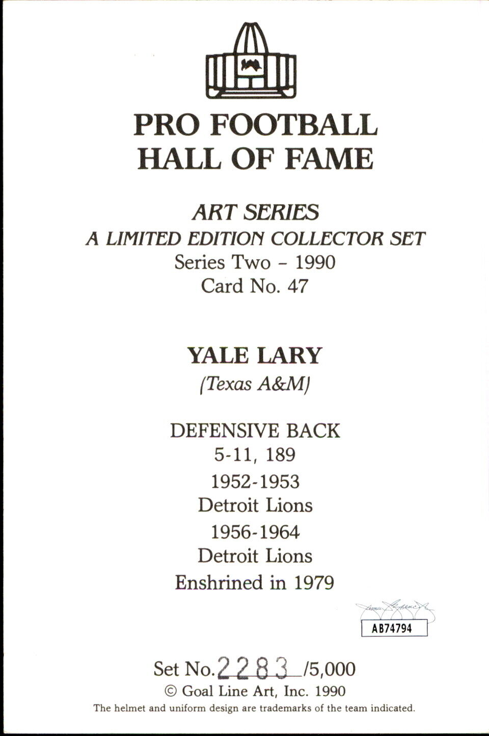 Yale Lary HOF Autographed/Inscribed Goal Line Art GLAC Postcard Lions JSA