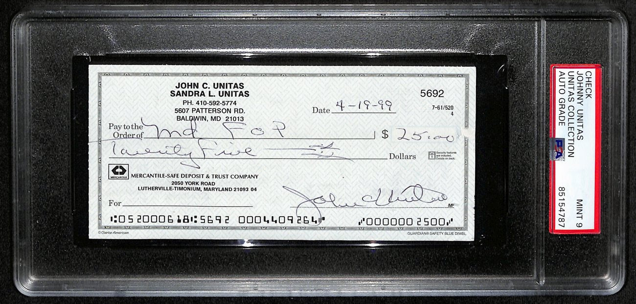 Johnny Unitas HOF Signed/Auto 1999 Bank Check Colts PSA/DNA GEM MT 10 189583