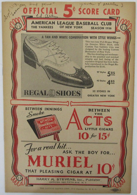 September 7, 1936 Vintage Baseball Program NY Yankees vs. Philadelphia 183116