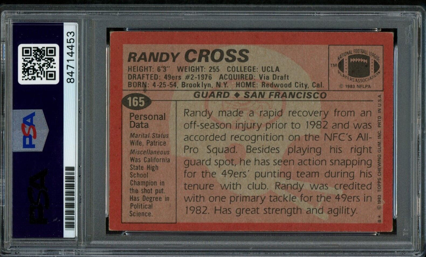 1983 TOPPS Randy Cross #165 Authentic Card Signed 49ers PSA/DNA 176699
