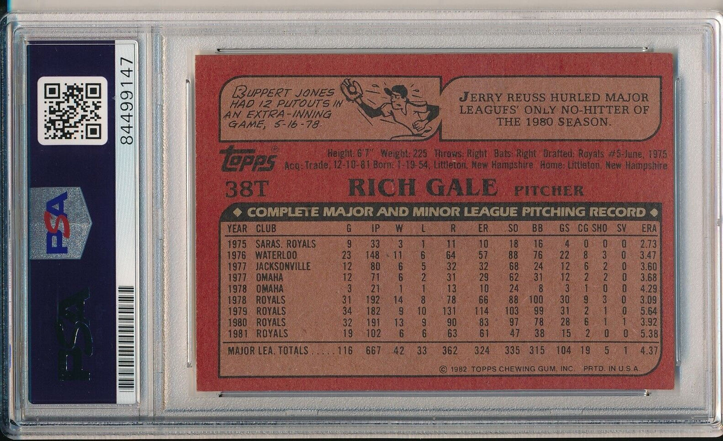 Rich Gale San Francisco Giants Signed 1982 TOPPS Traded Card #38T PSA/DNA 166120