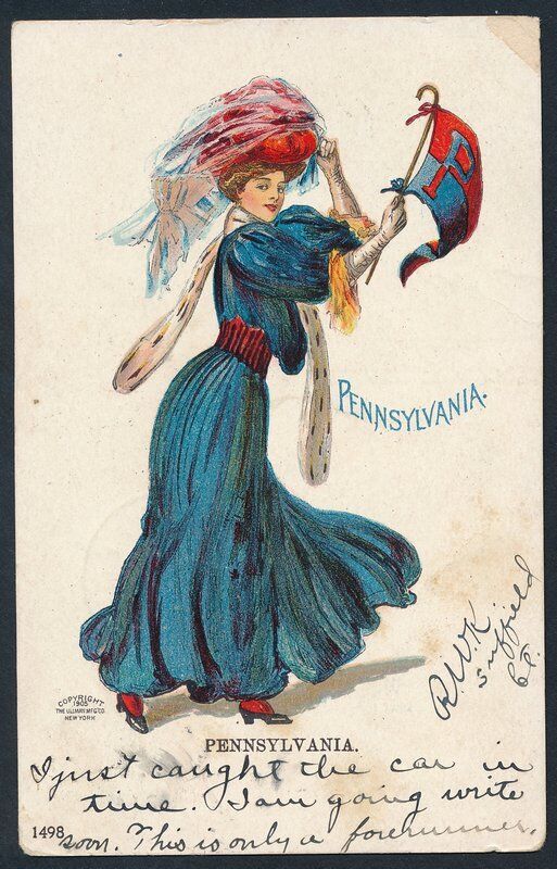 Vintage 1906 Postcard Football Woman image "Pennsylvania" Inscr Stamp 139047