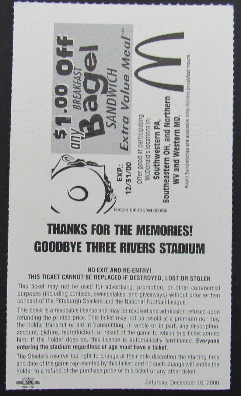 Pittsburgh Steelers Ticket Stub  Final Game @Three Rivers  12/16/2000  158347