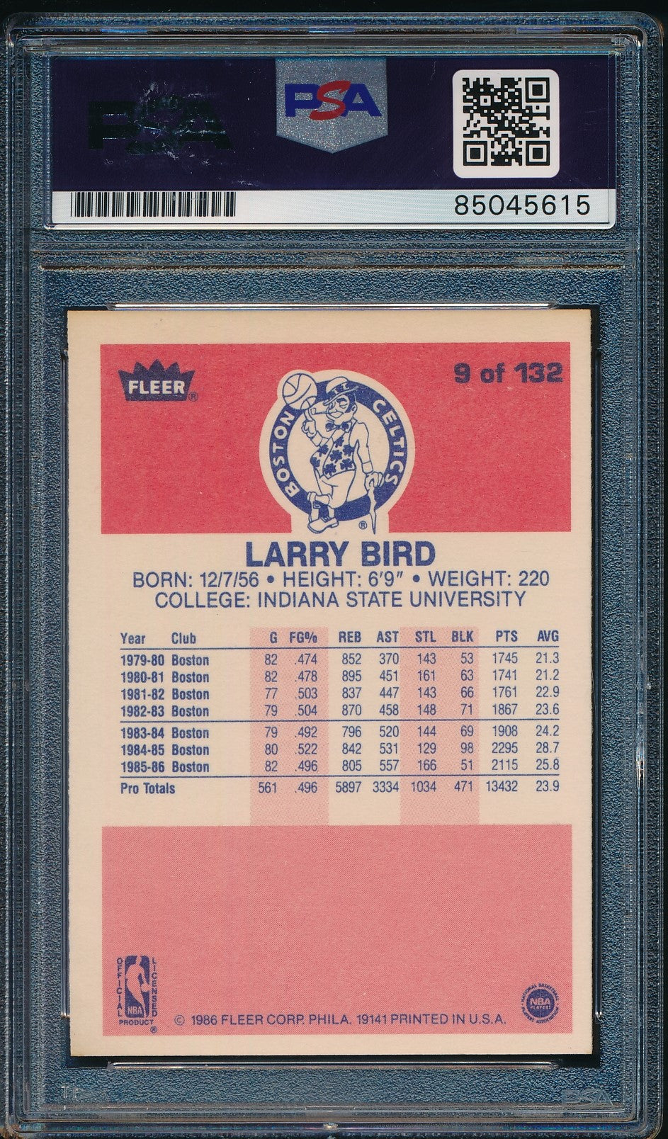 Larry Bird HOF Celtics Autographed 1986-87 Fleer Card #9 PSA/DNA 182207