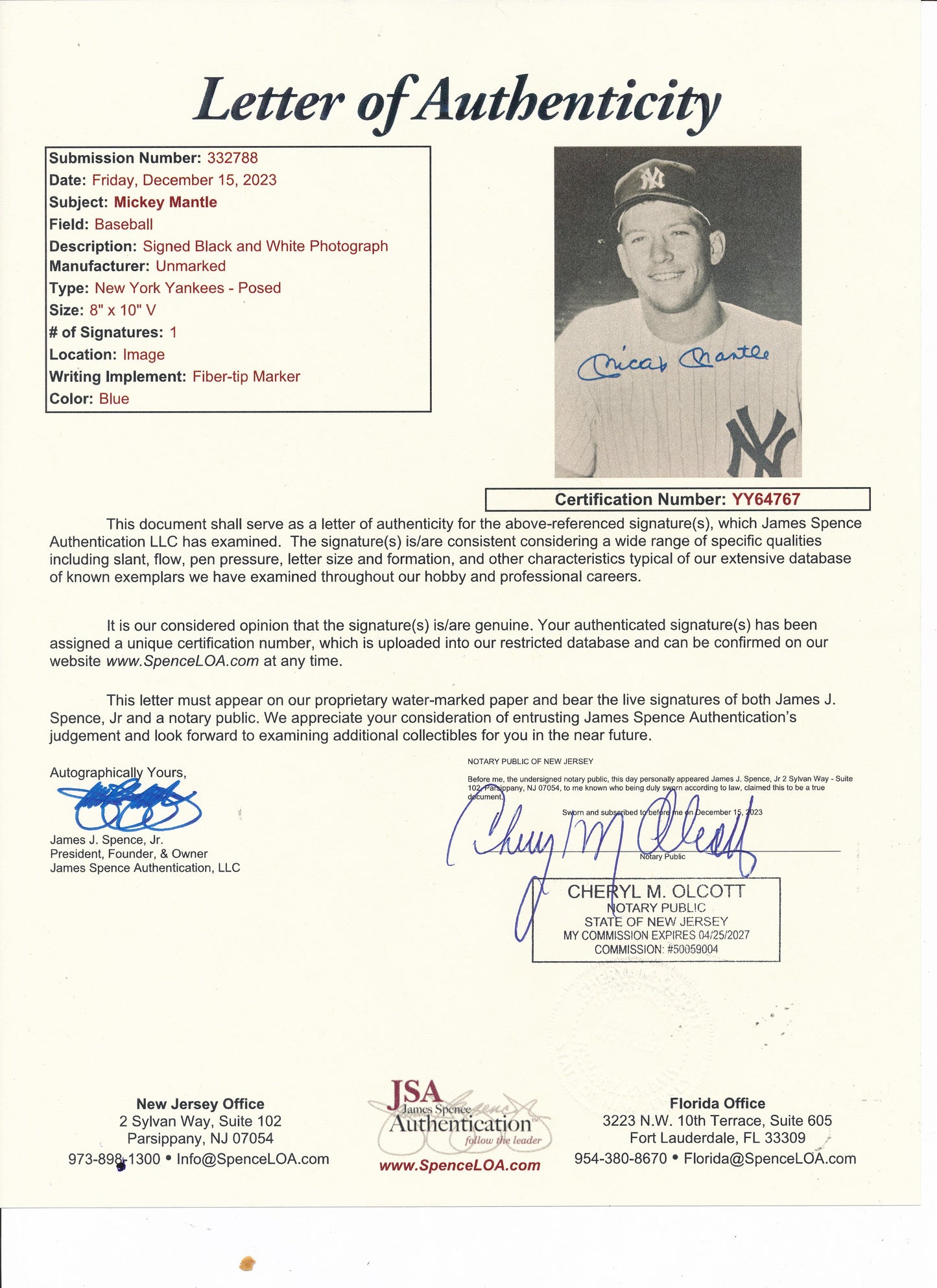 Mickey Mantle HOF Signed/Autographed 8x10 B/W Photo NY Yankees JSA 190283