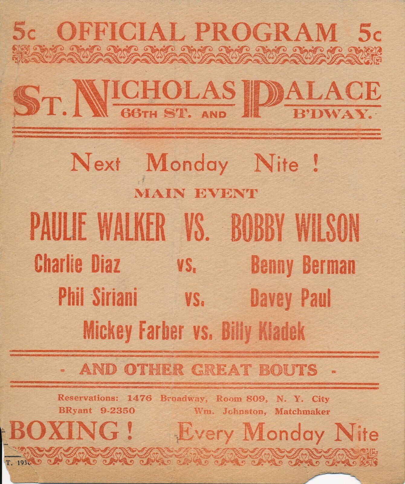 1937 Paulie Walker vs. Bobby Wilson Boxing Program at St. Nichols Palace 144834