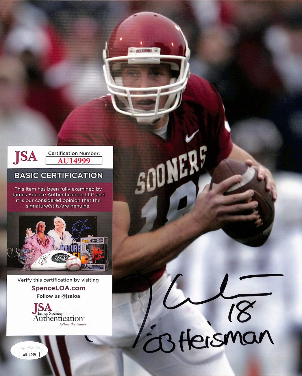 Jason White Signed/Inscribed 8x10 Photo Oklahoma 2003 Heisman JSA 190181