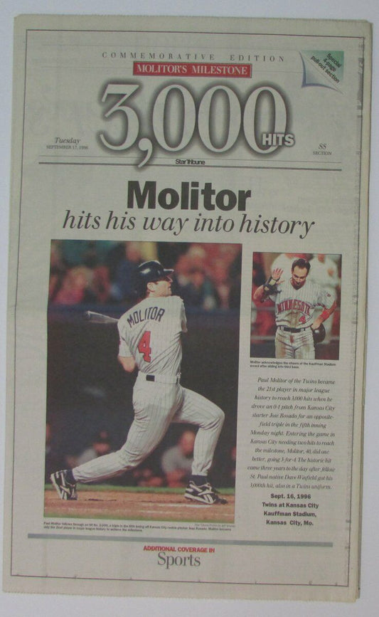 Paul Molitor Minnesota Twins 3000 Hits 1996 Star Tribune Newspaper 147893