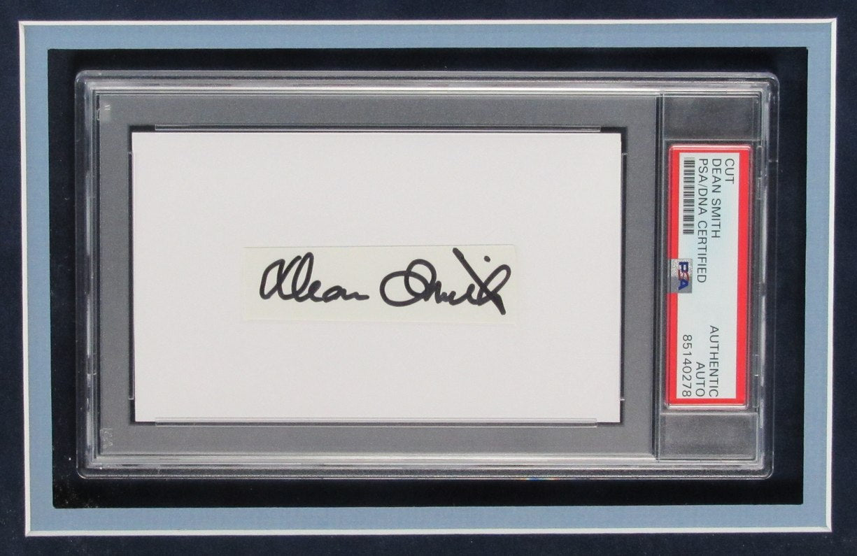 Dean Smith HOF Autographed Tar Heels 3x5 Cut with 8x10 Photo Framed PSA/DNA 8754