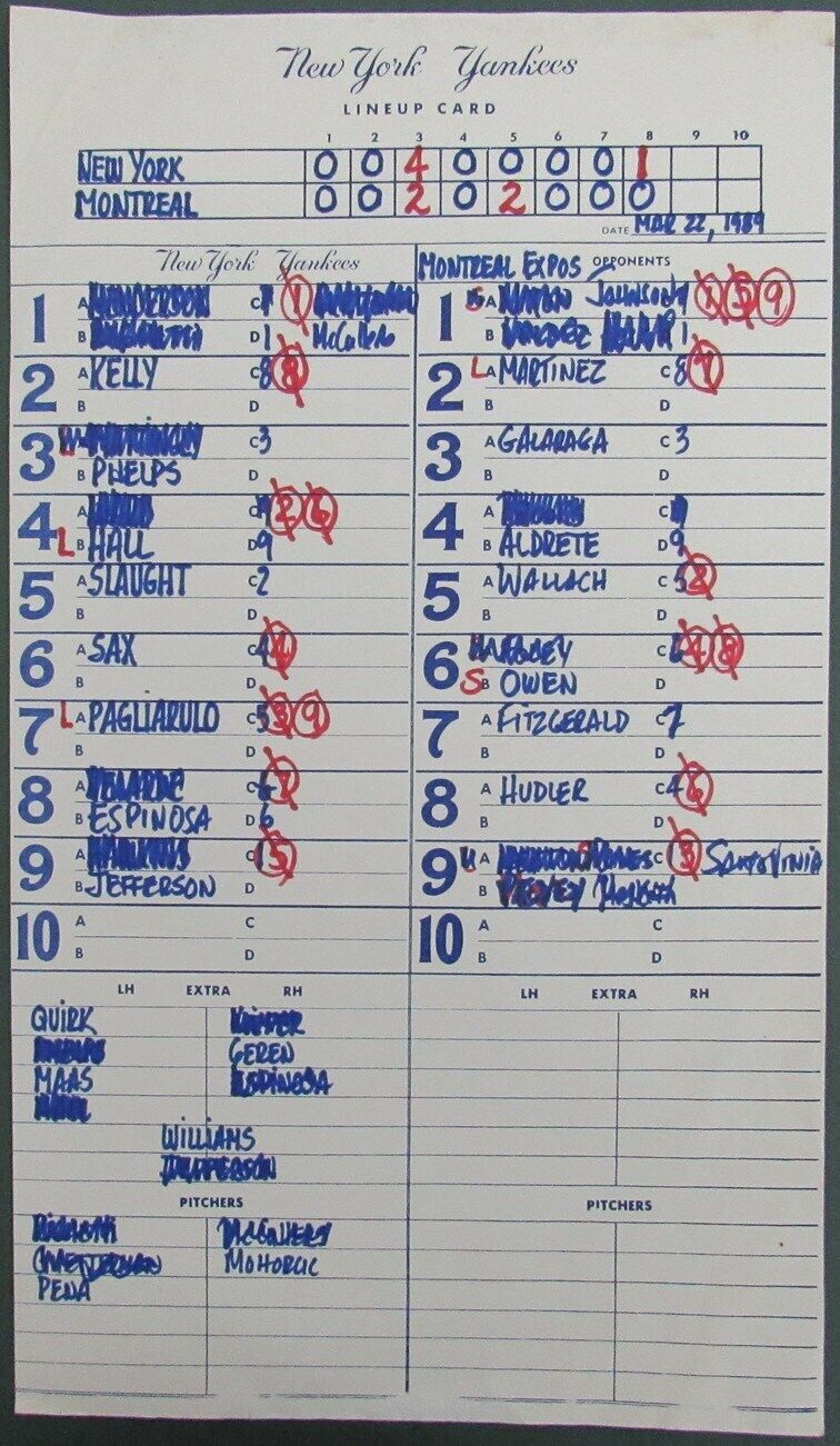 1989 New York Yankees Spring Training 9x15 Lineup Card vs.Expos Raines 151339