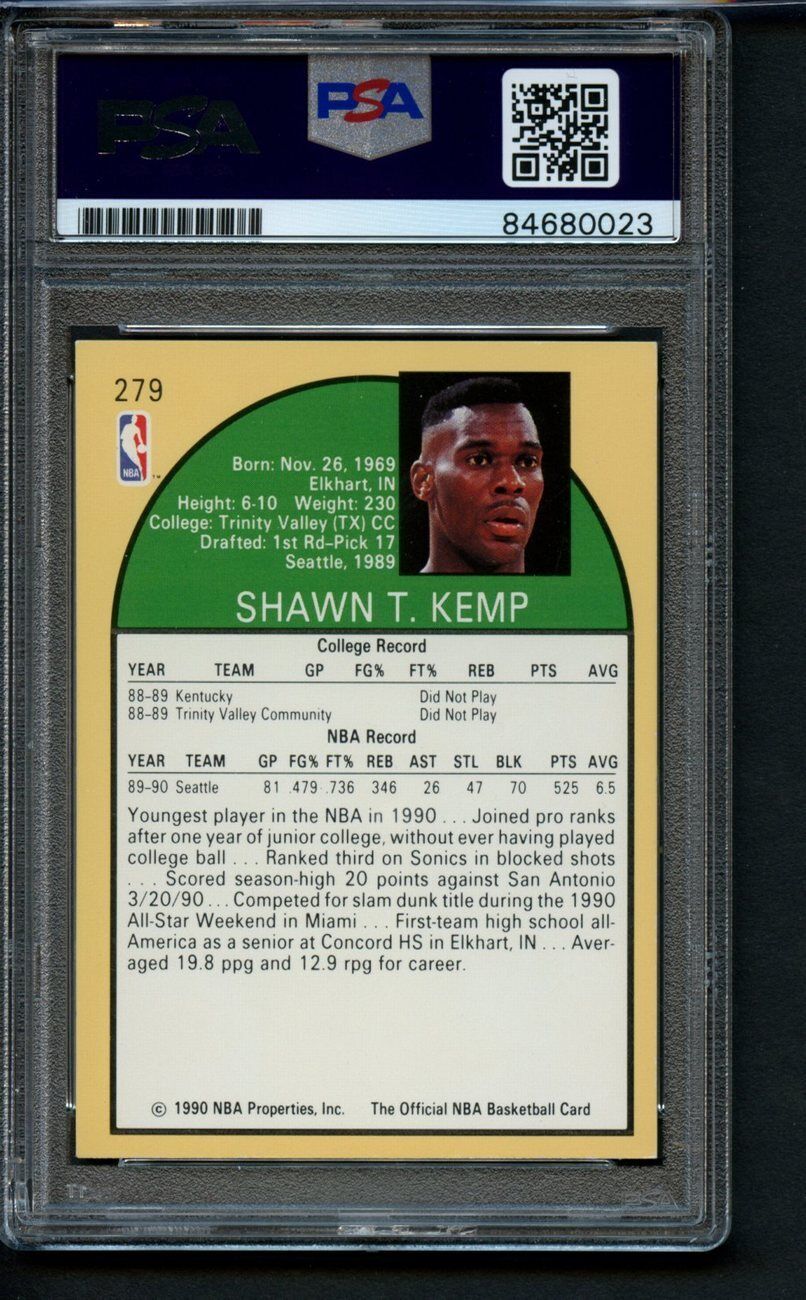 1990 HOOPS Rookie Shawn Kemp #279 Card Signed Sonics PSA/DNA GEM MINT 10