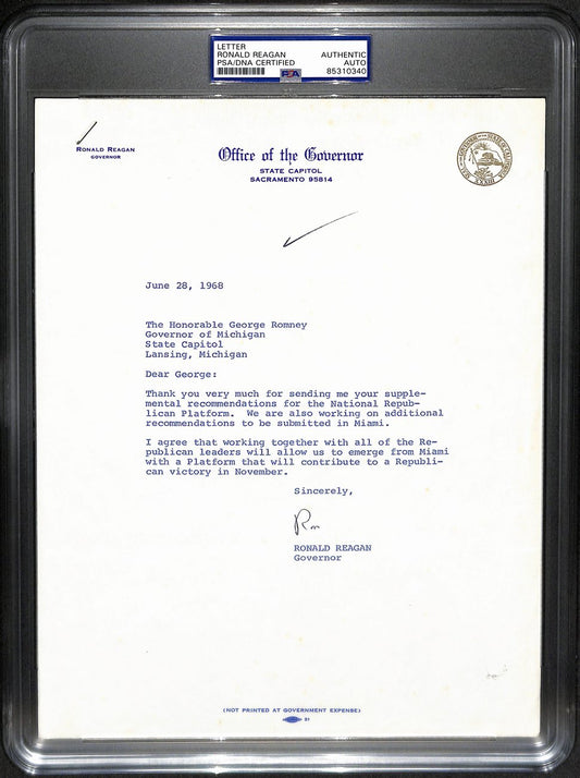 Ronald Reagan President Signed 1968 Typed Letter Signed (TLS) PSA/DNA 190888