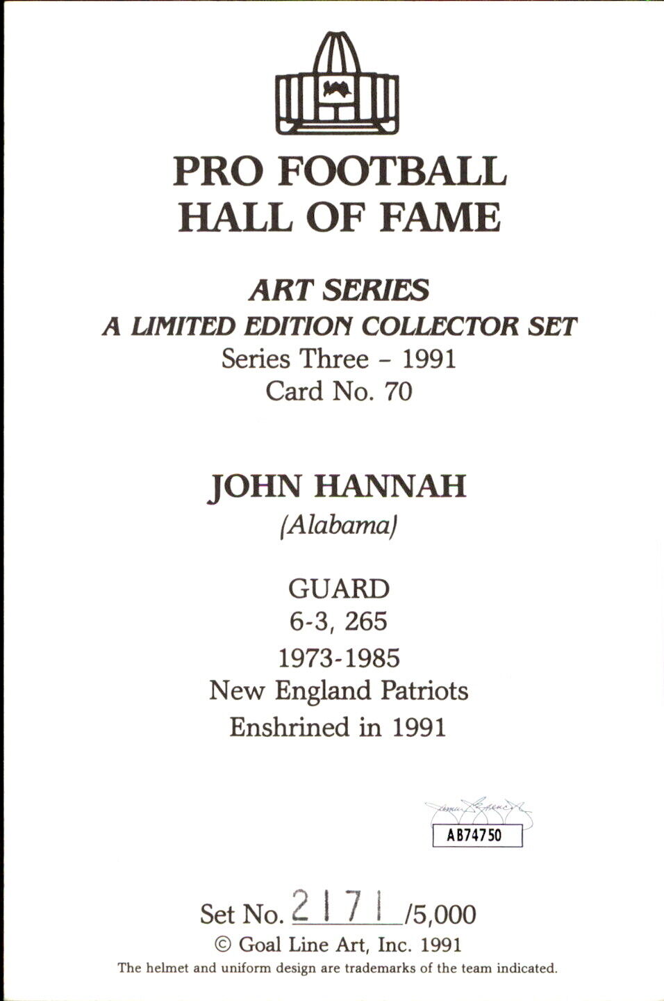 John Hannah HOF Autographed/Inscr Goal Line Art GLAC Postcard Patriots JSA