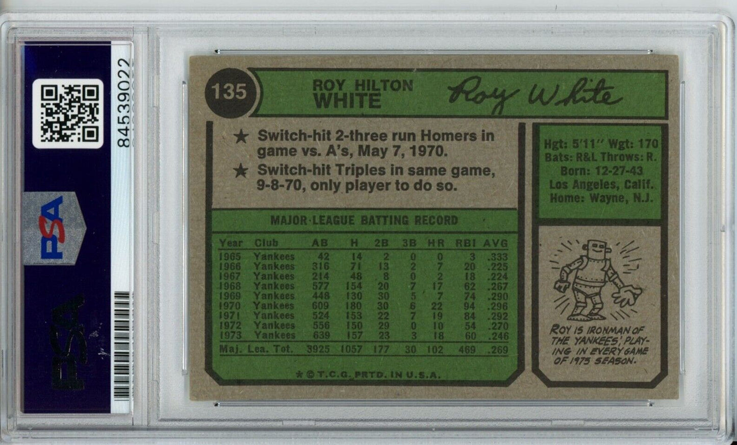 Roy White Hart Yankees Signed/Autographed 1974 TOPPS Card #135 PSA/DNA 166851