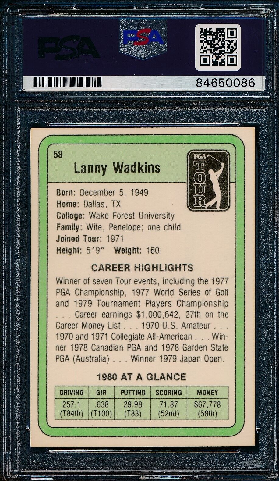 1981 DONRUSS PGA Lanny Wadkins #58 Authentic Card Signed PSA/DNA