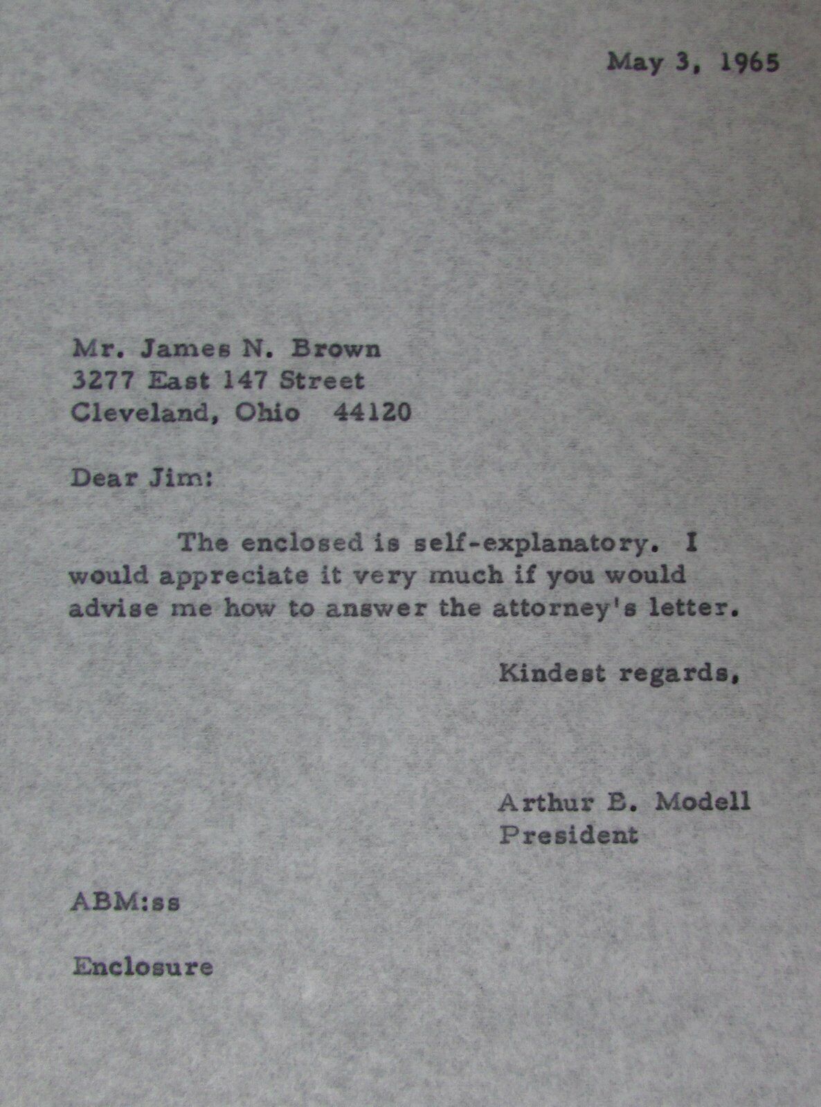 1965 Letters To and From Art Modell about Jim Brown Picture Lawsuit 145103