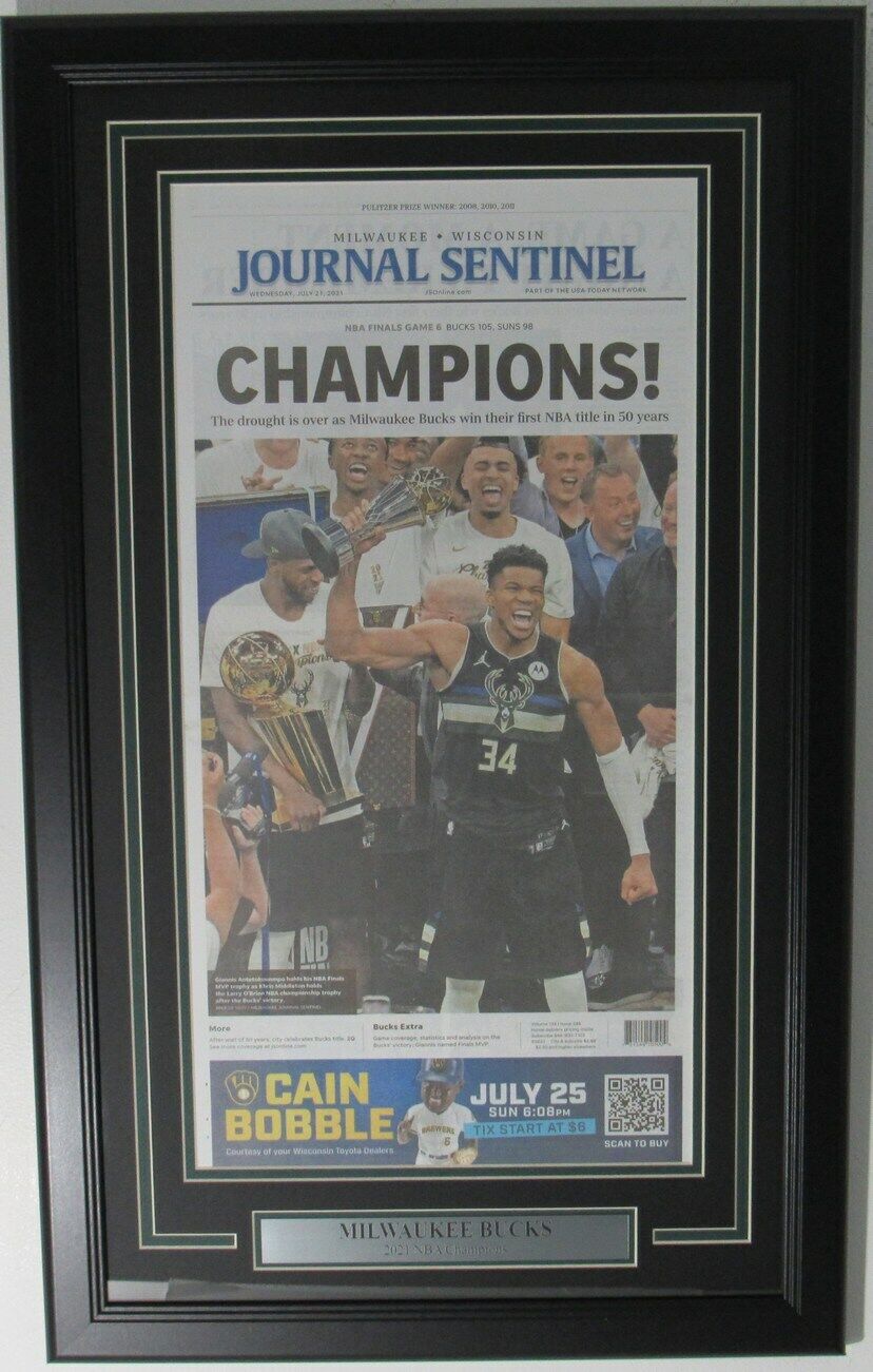 Milwaukee Bucks NBA Champs 2021 Milwaukee Sentinel Newspaper Framed 162955