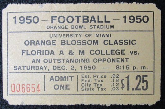 1950 Orange Blossom Classic Ticket Stub Florida A&M vs. Wilberforce State