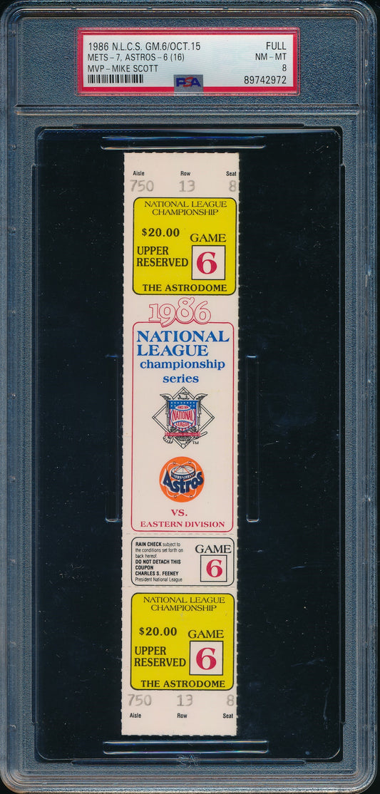 1986 NLCS Game 6 Full Ticket Mets vs. Astros 16 Innings PSA/DNA NM-MT 8 190598