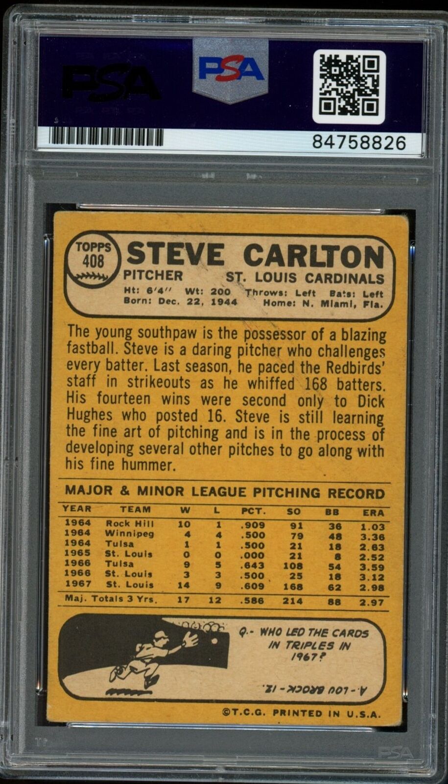 1968 TOPPS Steve Carlton HOF #408 Authentic Card Signed Cardinals PSA/DNA